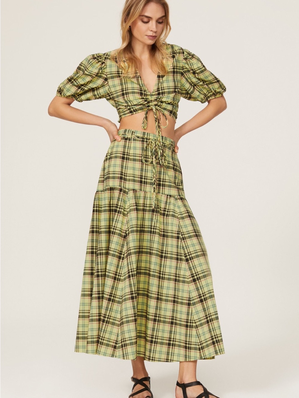 Derek Lam 10 Crosby Plaid Yellow Maxi Skirt & Crop Top Set